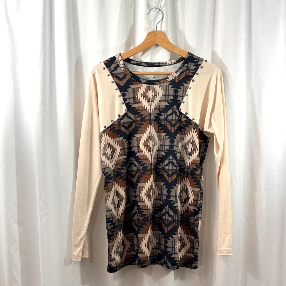 Two Fly Western Aztec Print Long Sleeve Shirt Size XS Studded Cream & Brown
